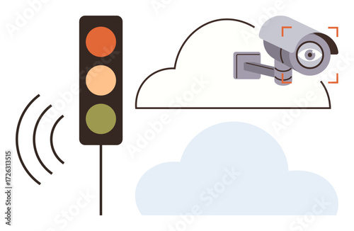 Security camera, traffic light, cloud connection, and wireless signals highlight networked systems for monitoring, control, analysis, data storage, urban planning, automation and safety in a simple