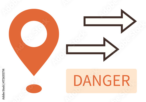 Orange location pin, two black directional arrows, and Danger label in bold highlight caution and guidance. Ideal for navigation, warnings, geography, safety, instructions, alerts simple flat