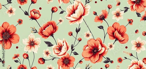 Abstract modern floral toile de jouy seamless pattern  Hand-drawn flowers, retro elegance, vintage design for fabric, wallpaper, wrapping, flowery, trendy