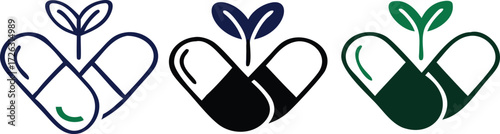 Natural medicine icon outline collection or set in black and white 
