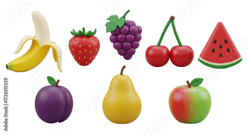 3D stylized collection of fruits including banana strawberry grapes isolated on a transparent background