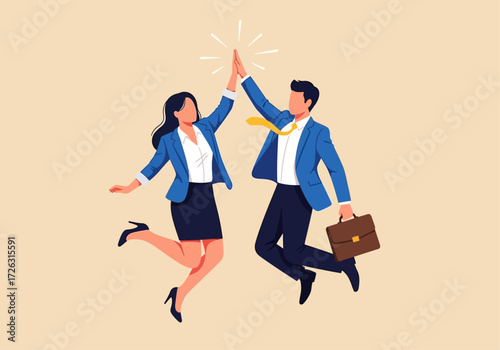 Two business professionals joyfully leap into the air, celebrating a successful collaboration with an energetic high-five.