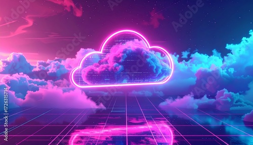 Futuristic cloud computing concept illustration with glowing blue global technology under night sky