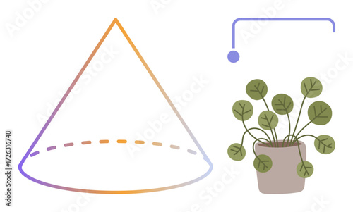 Geometric cone with gradient outline and dashed base, minimalist curve, and indoor leafy plant. Ideal for education, geometry, botany, minimalism, decoration design creativity. Simple flat metaphor