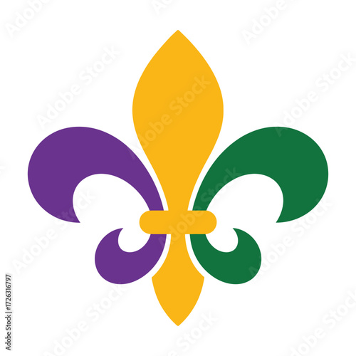 Vibrant fleur de lis symbol in traditional mardi gras colors purple green and gold