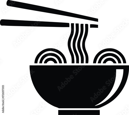 Black and white illustration of noodles in a bowl with chopsticks 
