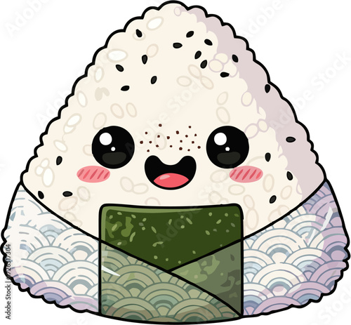Cute Kawaii Onigiri Japanese Rice Ball Cartoon Illustration.