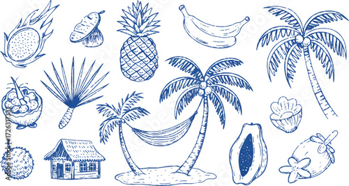 A hand drawn tropical scene with fruits, palm trees, and a hut in blue ink on white background