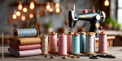 Close-up of sewing tools and fabrics on tailoring table in modern sewing workshop.