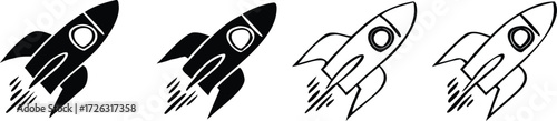 Vintage-style cartoon vector illustration of a space rocket launch icon set with a spaceship, shuttle, and missile 

