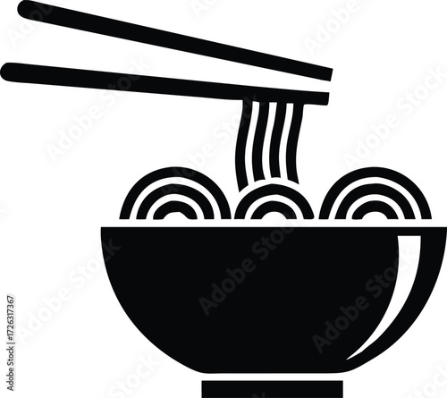 Black and white illustration of noodles in a bowl with chopsticks 
