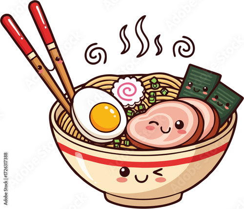 Cute Kawaii Ramen Bowl with Smiling Face and Chopsticks.