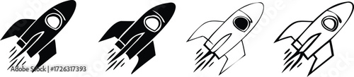 Vintage-style cartoon vector illustration of a space rocket launch icon set with a spaceship, shuttle, and missile 
