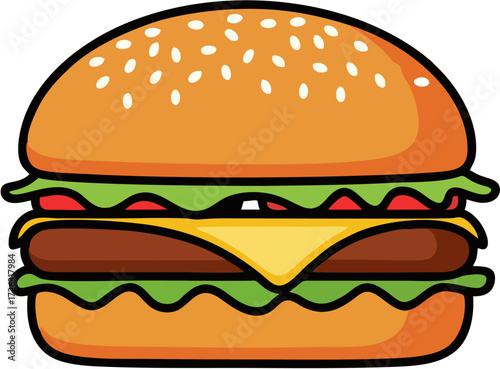 Delicious Cartoon Hamburger with Sesame Seed Bun and Fresh Ingredients.