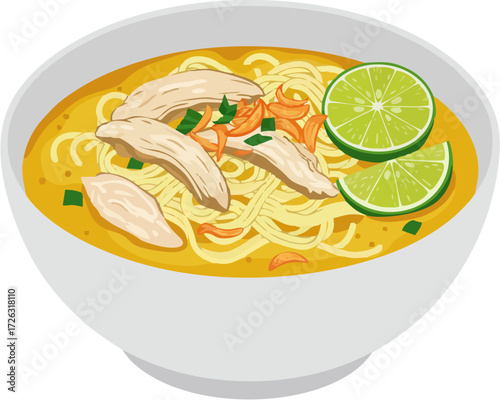 Delicious chicken noodle soup with lime slices in a white bowl.