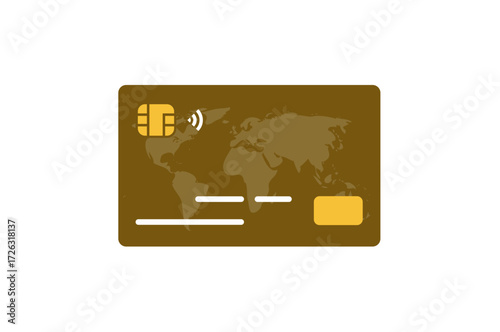 Vector design of a golden credit card with a world map, a golden chip, and a wireless connectivity symbol.
