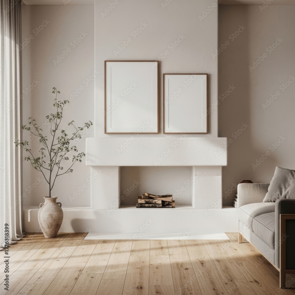 Fototapeta premium Two mockup poster frames above modern minimalist fireplace in Scandinavian living room interior with cozy sofa, natural wooden floor, ceramic vase with plant