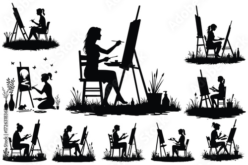 Silhouettes of women painting outdoors with easels and supplies