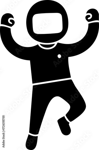 Digital art: A black silhouette of a jubilant astronaut with arms raised, wearing a helmet, against a plain white background, conveying excitement.
