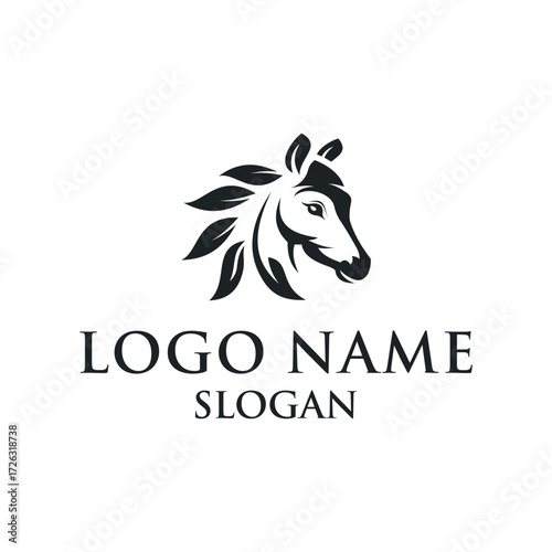 black horse logo with minimalist leaf motif