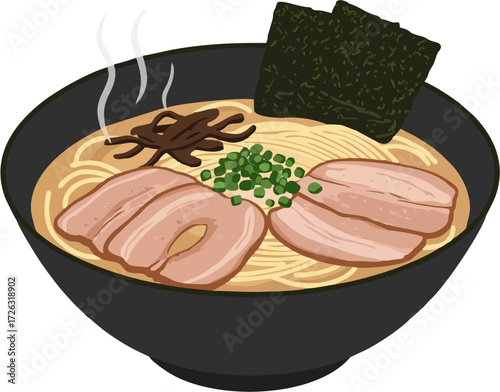 Delicious Japanese Ramen Noodle Soup with Pork and Seaweed.