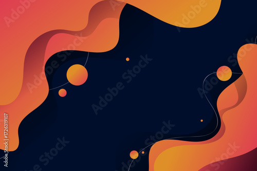 Abstract background with dynamic fluid shapes and orange gradient waves on a dark blue canvas, modern vector illustration for design