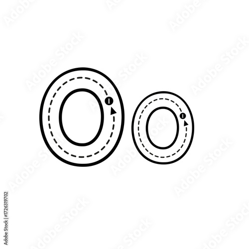 Educational worksheet for learning the alphabet, showing the correct way to trace the uppercase and lowercase letter O for handwriting practice
