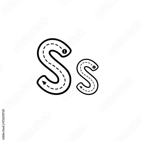 Tracing letters S for early learning and education, showing uppercase and lowercase sans-serif fonts with dotted lines for practice