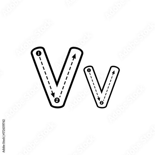Educational guide displaying the step-by-step concept for writing the uppercase and lowercase letter V, aiding early learners in developing essential handwriting skills