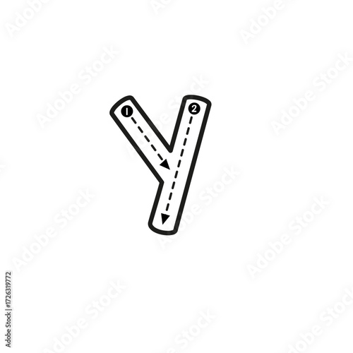 Lowercase letter y tracing guide with numbered steps and dashed arrows for learning penmanship
