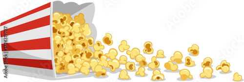 Popcorn spilling out of a striped bucket.
