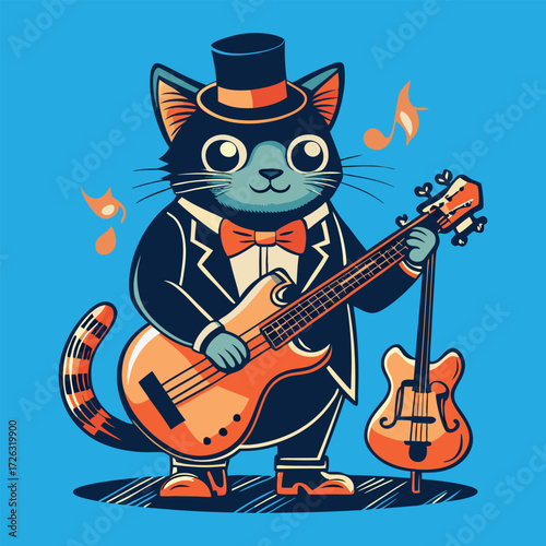 Cat with a top hat playing a bass guitar svg