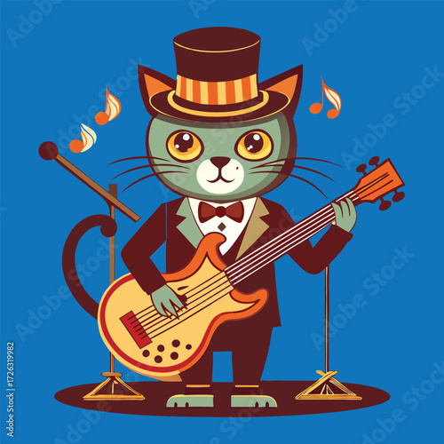 Cat with a top hat playing a bass guitar svg