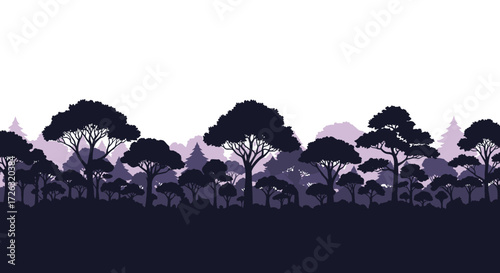 A pixel art illustration of a dark forest landscape at dusk with silhouetted trees and distant purple hills.