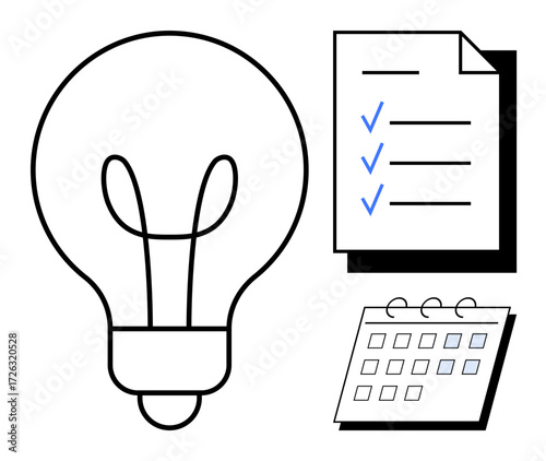 Lightbulb, checklist with marked tasks, and spiral calendar signify brainstorming, goal tracking, time management, and productivity. Ideal for business, creativity, strategy organization