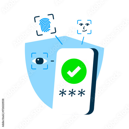 illustration of smartphone with check mark, password field, biometric security icons. Concept of trusted device, secure login, data protection, cybersecurity, modern authentication technology