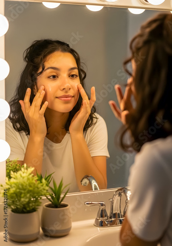 Young woman applying skincare serum in bathroom for radiant complexion