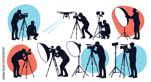 Illustrations of photographers using cameras and drones for creative visual storytelling.