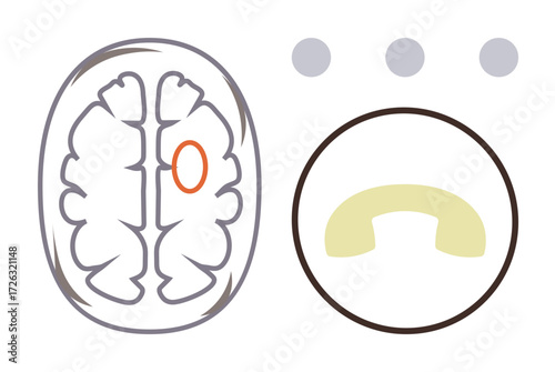 Stylized drawing of a brain with an orange-highlighted area and abstract circular focus. Ideal for neuroscience, anatomy, cognition, education, health, mental processes, learning. A simple flat