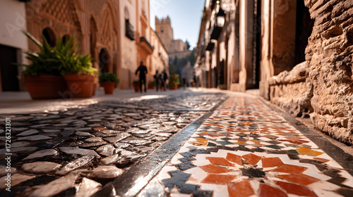 Cobblestone street with mosaic detail in a Spanish town.