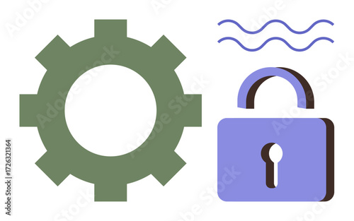 Gear alongside lock icon and wavy lines symbolizing security, functionality, and seamless workflow. Ideal for technology, software, workflow, security, engineering, innovation simple flat metaphor
