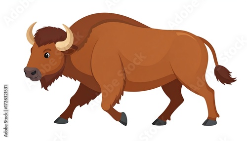 A cartoon illustration of a large brown bison, walking to the right, against a white background