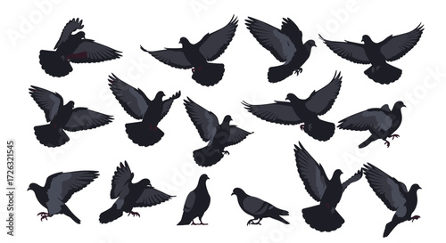 A collection of pixel art pigeons in various flying and perching poses.