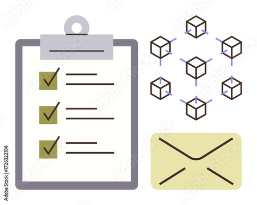 Clipboard with checklist, interconnected cubes representing blockchain, envelope for communication. Ideal for productivity, data management, blockchain workflow, task organization, digital