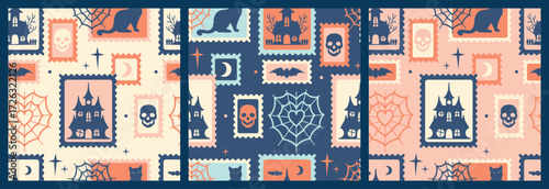 Pastel seamless Halloween postage stamps pattern featuring haunted houses, cats, skulls and spiderwebs. Light retro background for fabric, stationery, packaging and seasonal decor.