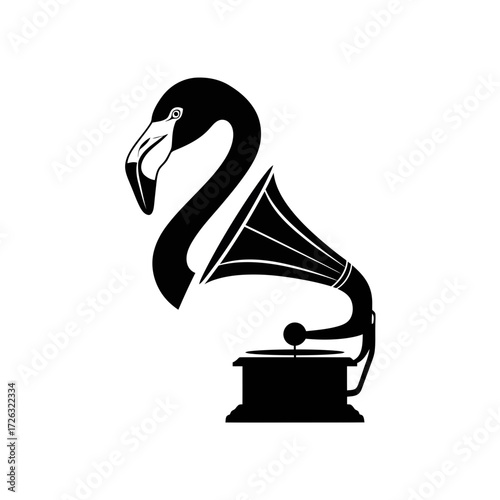 Creative silhouette of a flamingo s head and neck merging into a vintage gramophone horn and base isolated on white background