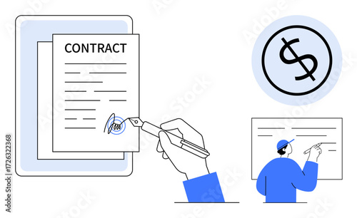 Hand signing a contract, emphasizing decision-making dollar icon symbolizing financial aspects professional presenting ideas on board. Ideal for business, finance, work, law, investment, planning