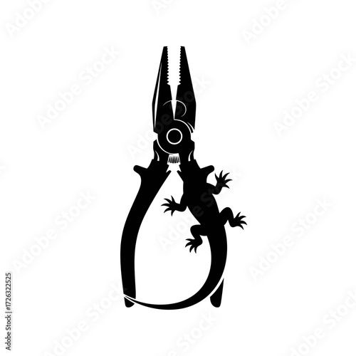 A black silhouette of a lizard interacting with a pair of pliers isolated on white background