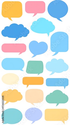 A collection of pastel-colored speech bubbles and thought bubbles in various shapes and sizes