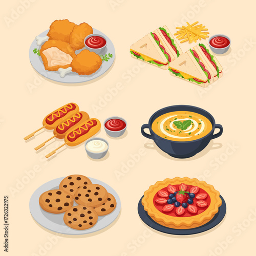 Assorted Culinary Delights Fried Chicken Sandwiches Corn Dogs Soup Cookies and Berry Tart.